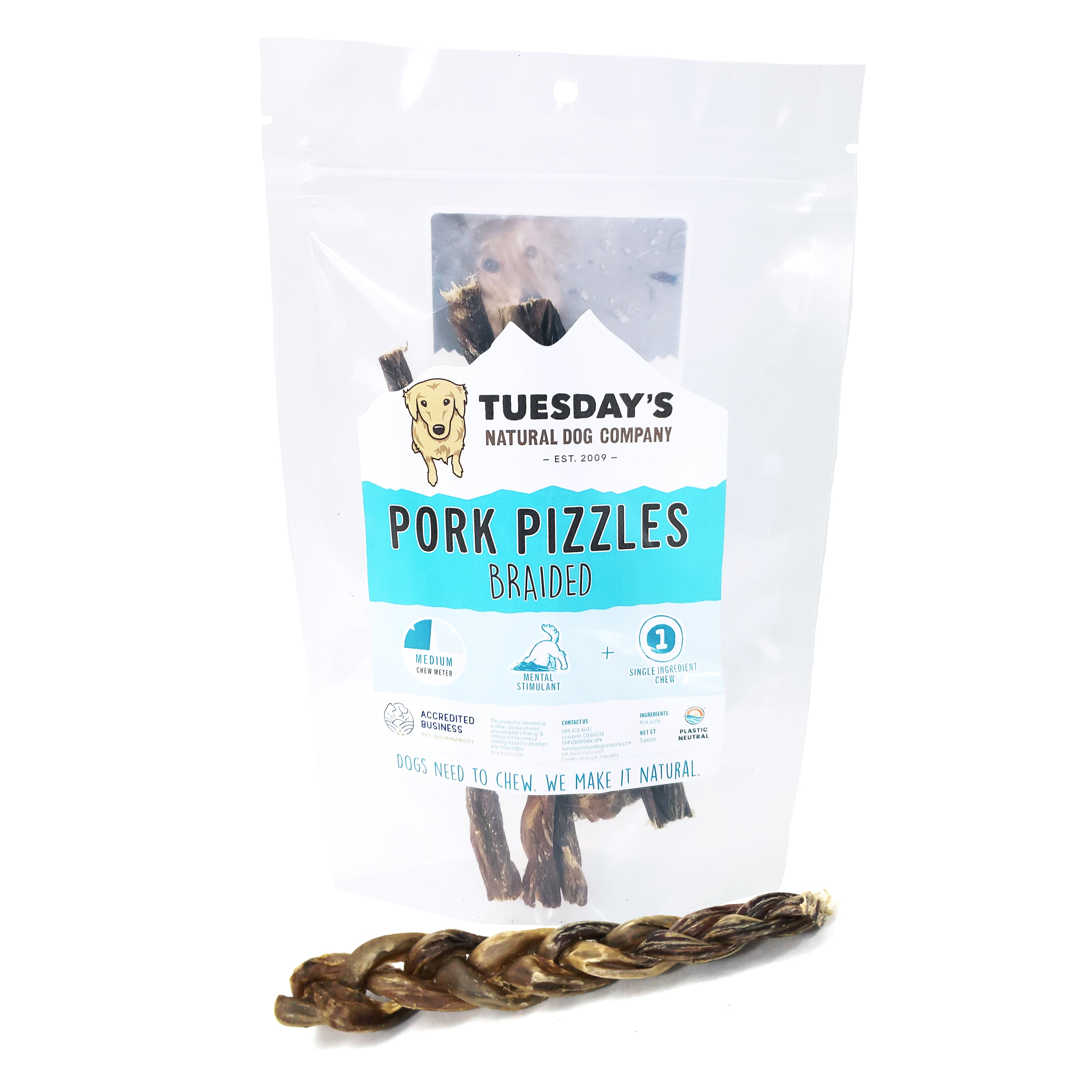 6 Braided Pork Pizzle 5 Pack Tuesday s Natural Dog Company